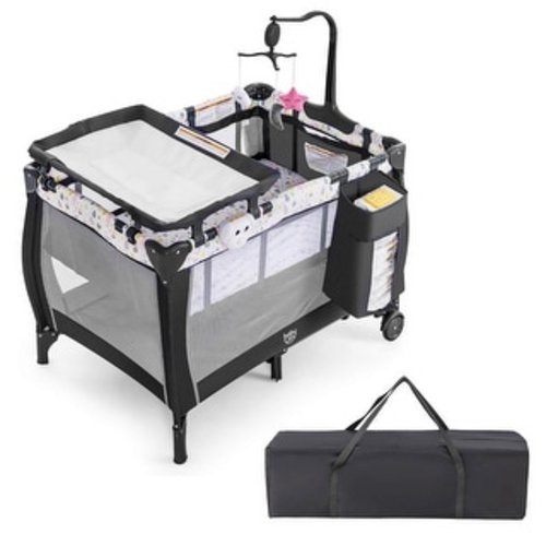 Costway Portable Baby Playard Nursery Center Crib with Hanging Toys & - See Details