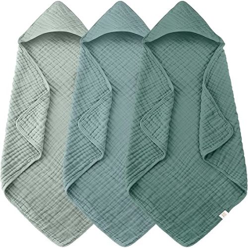 Ease Cubs 3-Pack Muslin Hooded Baby Towels, 100% Cotton, Ultra-Soft & Absorbent Baby Bath Towels with Hood for Babies, Infant, Toddler and Newbron (Grey and Navy Blue Series,32" x 32")