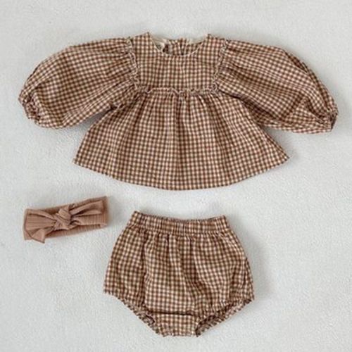 MyKids-USA Baby Girl Plaid Pattern Loose Blouses With Shorts Sets Brown 73 (6-9M)