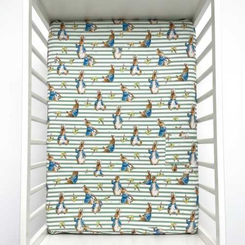 Peter Rabbit Green Stripe Cot Fitted Sheet, Beatrix Potter Nursery Bedding, Handmade Baby Sheet