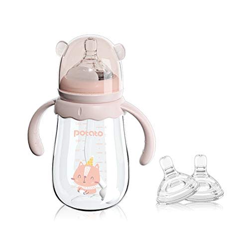 POTATO Glass Baby Bottles, Anti-Colic Breastfeeding Bottles with Fast Flow Nipple, Suitable for Babies 6-12 Months, 2 Replaceable Nipples, 8 oz, Pink