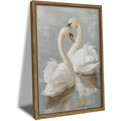 Framed Vintage Swan Wall Art Classical Romantic White Swans Pictures Wall Decor Painting Rustic Farmhouse Couple Birds Canvas Print for Nursery Bathroom Office-12×16in