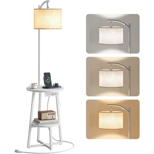 Yoobure Floor Lamp with Table - Night Stand with Charging Station, Side Table with Floor Lamps for Living Room, Bedroom, End Table with Standing Lamp Attached 3 Color Temperatures Bulb, 2 Tier Shelves