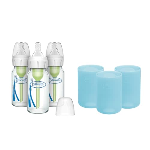 Dr. Brown's Anti-Colic Options+ Narrow Glass Baby Bottles 4 oz/120 mL, with Level 1 Slow Flow Nipple, 3 Pack 0m+ with Blue 100% Silicone Sleeves, BPA-Free