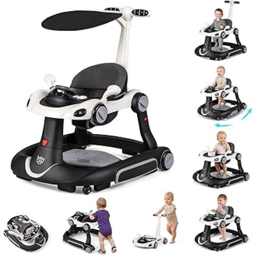 BABY JOY 7-in-1 Baby Walker, Foldable Baby Walker and Bouncer Combo with Handle, Adjustable Height & Speed, Music, Lights, Rocker/Push Mode, Baby Walker with Wheels for Boys Girls 7-18 Months (White)