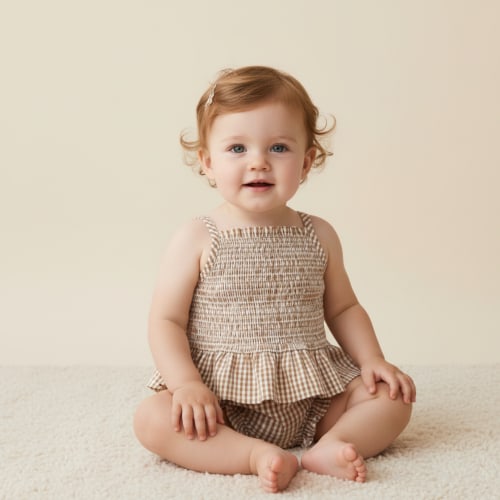 Organic Smocked Top And Bloomer Set - Caramel Check