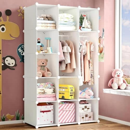 Modular Baby Wardrobe Closet, Portable Children Organizers and Storage for Nursery,15 Cubes with Hanging Rods,Multi-Functional Kids Storage Shelf-Bedroom Clothes Armoire (Boys & Girls)$$
