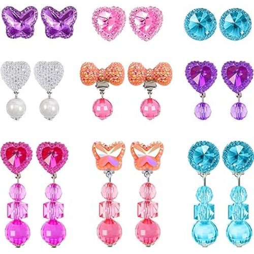 Hicarer 9 Pairs Clip On Earrings for Girls Pretend Princess Play Earrings Jewelry Set