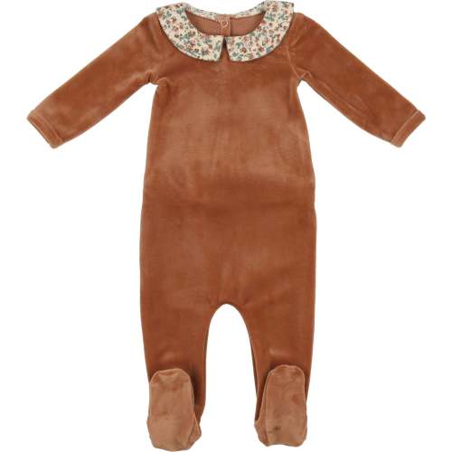 Boy's Velour Floral Peter Pan Collar Long Sleeve Footie, Beige