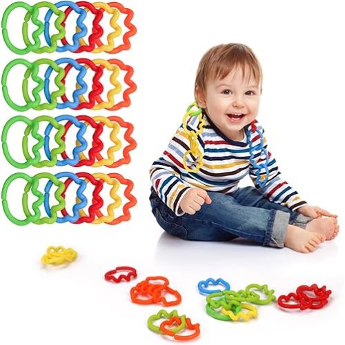Baby Rings Link Toys, Connecting Ring Hanging Stroller Clip On Early Learning Toy Car Carrier Seat Crib Playmat Accessory Set for Babies 0-6 Months, 24 Count (Round 8 * 3)