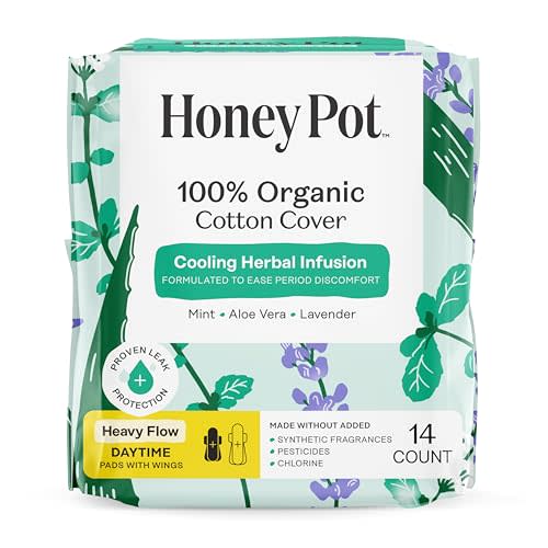 The Honey Pot Company - Cooling Herbal - Heavy Flow Daytime Pads - 14ct | Cooling Effect - Infused w/Mint, Aloe, Lavender - Organic Cotton Cover - Menstrual Pads w/Wings - Feminine Care