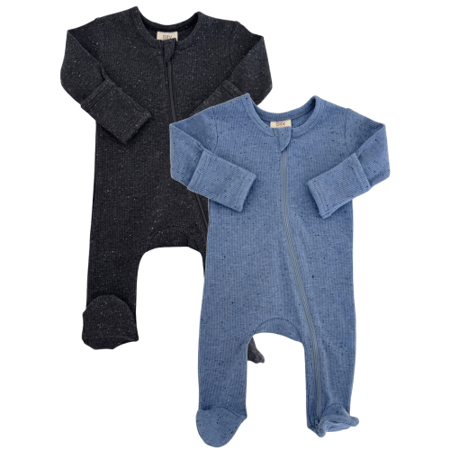 Charcoal & Blue Speckle / Ribbed 2-Way Zip Footies 2-Pack