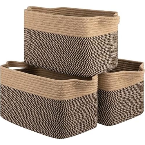 3 Packs Storage Baskets for Organizing, Cotton Rope Decorative Baskets for Shelves, Woven Baskets with Handles Storage Bins Set for Toys, Books, and Towels-13''Lx10''Wx8.6''H-Brown & Black