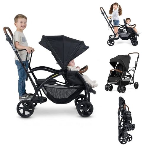 INFANS Sit and Stand Double Stroller, Foldable Tandem with Standing Platform Reclining Backrest, Adjustable Handlebar and Footrest, Storage Basket 5-Point Harnesses, Baby Pushchair for Toddlers