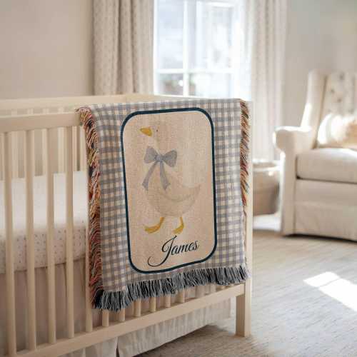 Personalized Goose Baby Blanket: Custom Name Woven Throw, Boys Goose Nursery Decorations, Newborn Name Blanket, Baby Boys Birthday Gift