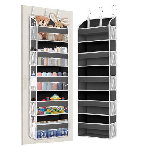 1 Pack Over The Door Organizer Storage, Hanging Organizer Closet with 5 Large Pockets 10 Mesh Pockets, 44 lbs Weight Capacity, Behind Door Storage for Nursery Bedroom Bathroom (Dark Grey)