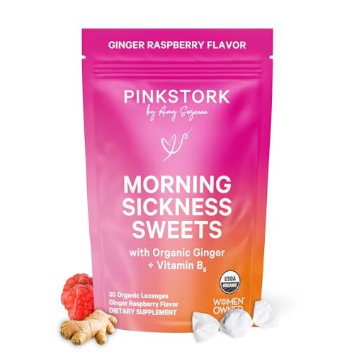 Pink Stork Morning Sickness Sweets, Organic Raspberry Ginger Candy with Vitamin B6, Support for Motion Sickness, Prenatal Heartburn - Pregnancy Must Haves - 30 Wrapped Drops