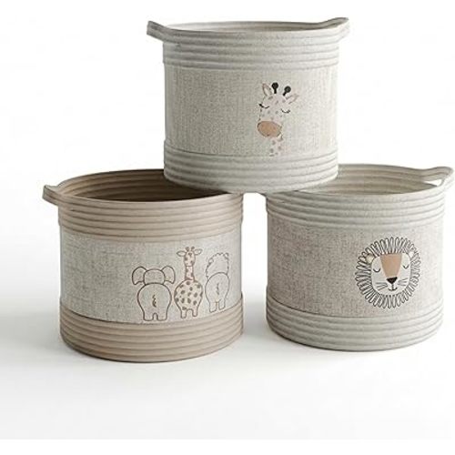 RGI Home Decorative Storage Baskets with Safari Animal Prints – Set of 3 Round Fabric Rope and Linen Organizer Bins for Nursery or Playroom, Multi-Sized with Easy-Carry Handles, Ivory, Tan, and Linen