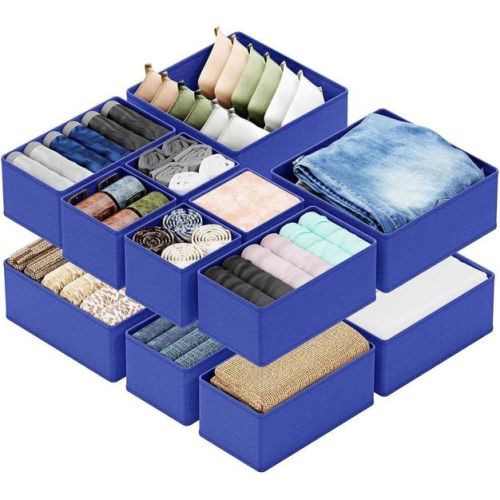 Set of 12 Collapsible Drawer Organizer Bins for Clothes, Closet Organizers and Storage Dividers for Clothing (Blue)