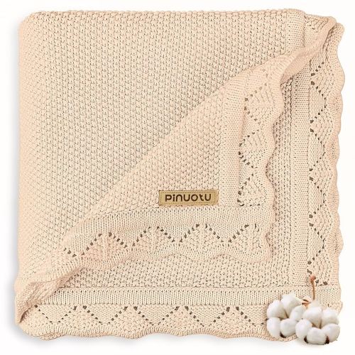 Knitted Baby Blanket for Boys & Girls, 100% Cotton Receiving Swaddle Crib & Stroller Blanket for Newborns, Infants, Toddlers, Cream, 40 x 31 Inches