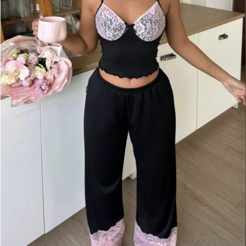 SweetSlumber Lace Trim Bow Decor Y2K Style Women Pajama Set Holiday Season