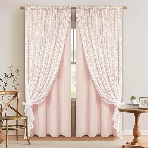 ASPMIZ Linen Pink Curtains for Bedroom, Double Layered Boho Curtain 63 Inch Length, Farmhouse Rod Pocket Curtains & Drapes with Tiebacks, Light Filtering Curtain for Living Room, 52 x 63 Inch, 2PCS