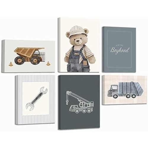 6Pcs Vintage Construction Truck Nursery Canvas Wall Art Funny Teddy Bear Posters Print Artwork Boys Room Painting Pictures Wall Decor for Bedroom Playroom Home Decoration 8x10in Framed