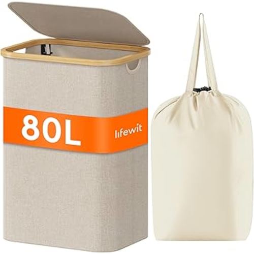 Lifewit 80L Laundry Basket with Lid, Clothes Hampers for Laundry with Bamboo Handles and 1 Removable Bag, Large Foldable Laundry Hamper for Bedroom, Bathroom, Dorm, Laundry Room, Beige