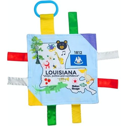 Baby Jack & Co 8x8” Learning Lovey Louisiana State Tag Stroller Toy for Babies - Crinkle Toys for Developing Five Senses - Learn About Capitals - Travel with Baby Jack - BPA Free Clip