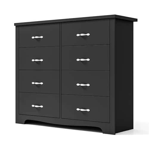 LINSY HOME 8 Drawer Double Dresser, Black Dresser for Bedroom, Modern Dresser Chest with Wide Drawers, Wood Storage Chest of Drawers for Living Room