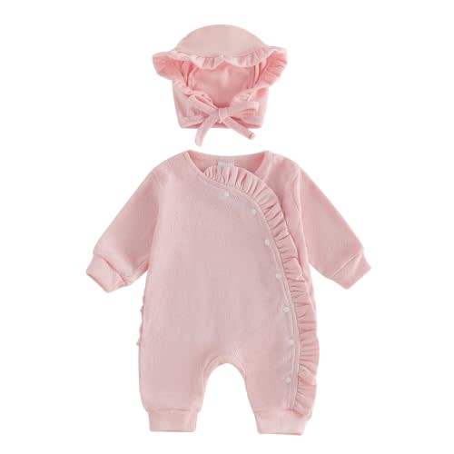 Newborn Coming Home Outfit Girl Ruffle Butts Romper Bonnet 2Pcs Set | for Newborn 0-3 Months 3-6 Months Girls, Hospital Fall Winter Clothes, Cotton Blend, Long sleeve Jumpsuit, Brim Hat