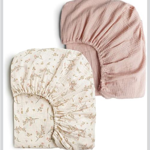 Konssy Muslin Crib Sheets for Girl Boy, 2 PCS Soft and Breathable Cotton Baby Sheets for Standard Crib Mattress, 52"x 28" (Floral, Pink)