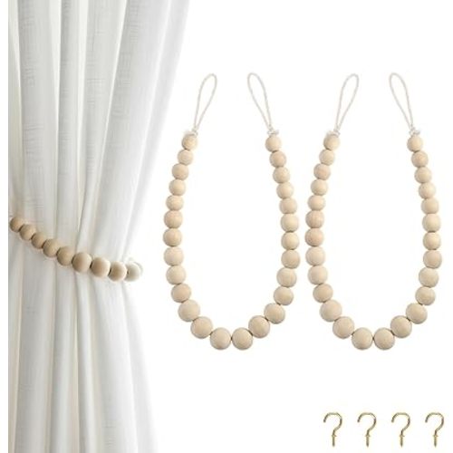 Hion 2 Pcs Boho Curtain Tiebacks,Wood Beads Curtain Holdbacks,Outdoor Farmhouse Tie Backs for Curtains,Curtain Holders for Drapes Home Office Decor with Hooks(Wood Color)