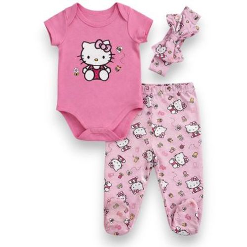 Hello Kitty Baby Girls' 3-Piece Bodysuit, Footed Pants and Headband Set, Pink/Flies, 3 Months