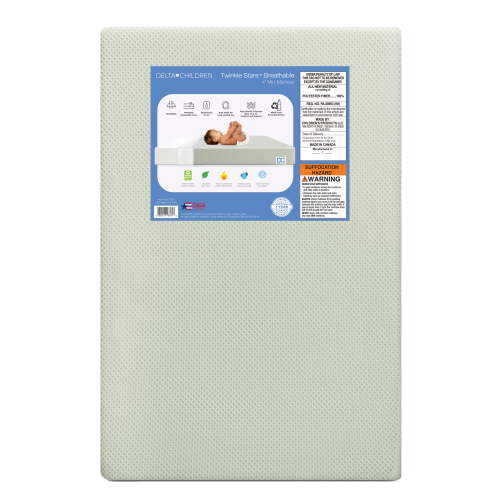 Delta Children Twinkle Stars Breathable 4-inch Mini Crib Mattress with Removable/Machine Washable Cover - GREENGUARD Gold – Waterproof - Sustainably Sourced Core Fiber Core, Green