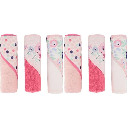 Cudlie Buttons & Stitches Baby Girl 6 Pack Rolled/Carded Hooded Towels in Blooms & Dots Print, GS71731