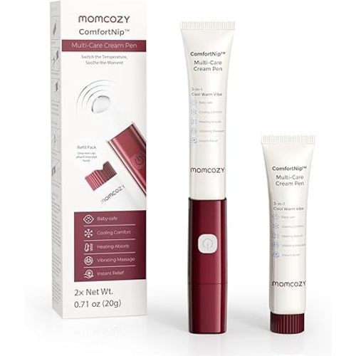 Momcozy ComfortNip™ 3-in-1 Multi-Care Cream Pen Kit, Heat/Cool/Vibe Breastfeeding Pen + Nipple Cream Refills Combo, Rechargeable Touch-Free 316 Steel Head for Nipple Pain Relief
