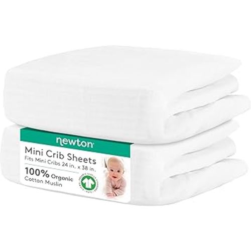 Newton Baby Fitted Mini Crib Sheets (2-Pack) | Organic Muslin Cotton, Breathable & Soft Baby Sheets, Washable Baby Mattress Sheets, Fits Mini Crib Mattresses 24" x 38", Plain White