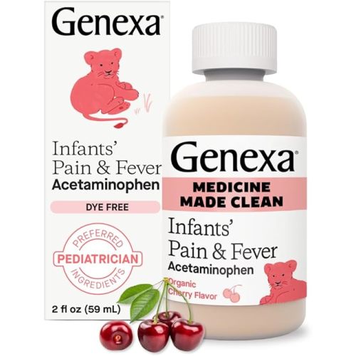 Genexa Infants' Clean Acetaminophen | Pediatrician Preferred Ingredients | Pain Reliever & Fever Reducer for Babies| Dye Free, 0% Artificial Additives | Delicious Organic Cherry Flavor, 2 fl oz
