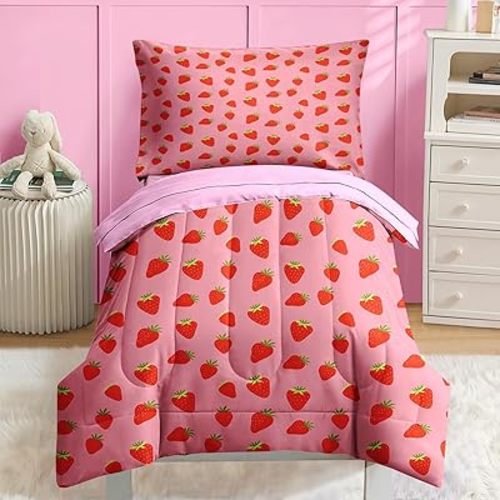 Nesker 4 Pcs Comforter Set Toddler Size, Sweet Pink Fruit Bedding for Kids Teen, Cute Strawberry Bed Sheet with Pillowcase & Sham