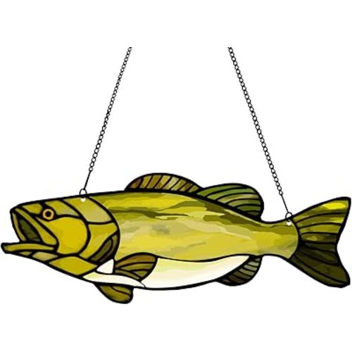 Largemouth Bass Fish Acrylic Window Hanging, Bass Fishing Wall Decor for Home, Lake House, Bedroom Decorated, Beach Theme Birthday Gifts for Fishing Lovers, Thanksgiving Big Fish Catches, 12" x 4"