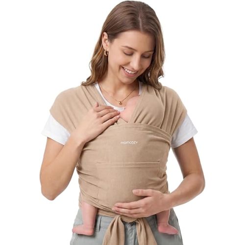 Momcozy Baby Wrap Carrier - Easy to Wear Infant Carrier Slings, Lightweight Hands Free Baby Sling, Adjustable Baby Wraps Carrier for Newborn to Toddler 8-35 lbs, Baby Travel Gear, Light Curry
