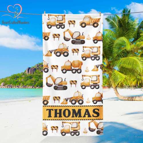 Personalized Kids Beach Towel with Name | Construction Trucks Boys Bath Towel | Custom Summer Pool Towel for Kids