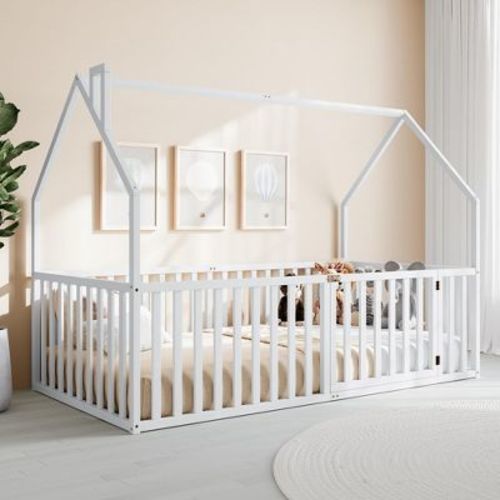 Comfy Cubs Kids House Gated Floor Bed Twin Size - 100% Pinewood Montessori Bed for Children Aged 5+, White