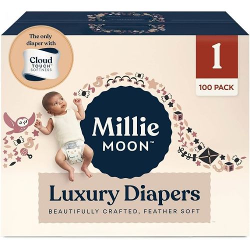 Millie Moon Luxury Diapers, CloudTouch Softness, 12-Hour Leak Protection, Hypoallergenic for Sensitive Skin (1-100ct)