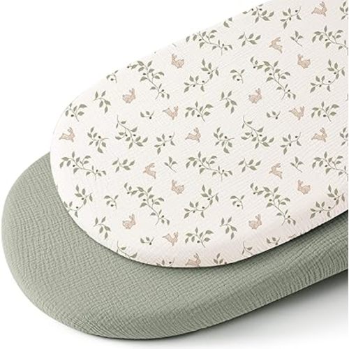 Konssy 2 Pack Muslin Bassinet Sheets for Baby Boy, 100% Cotton Soft Breathable Bassinet Mattress Sheets Fit for Hourglass Oval Cradle Rectangle Mattress (Sprout,Fog Green)