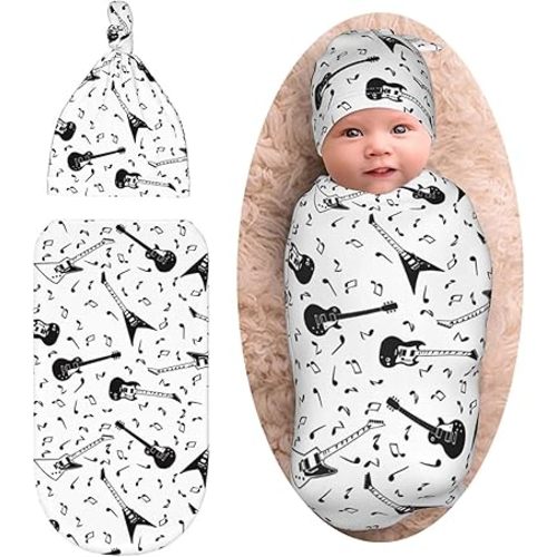 Guitar Music Newborn Swaddle Blanket Baby Stuff Baby Swaddling Blanket with Beanie Set Soft for Unisex Girls Boys