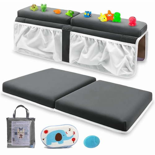 Bath Kneeler and Elbow Rest Pad Set for Baby Bathtub, Thick Non-Slip Bathing Kneeling Mat Cushion Quick Drying Bathtub Knee Saver with Arm Support and Pockets for Bathroom Bathing time Comfort, Gray