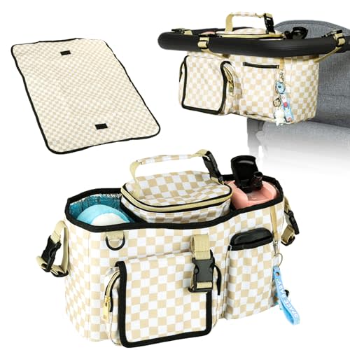 Universal Parent Console Stroller Organizer with Removable Cooler Bag & Changing Mat, Extra Large Wagon Caddy Accessories Fit for Wonderfold W4, Keenz, Jeep, Graco, Double Strollers (Checkerboard)