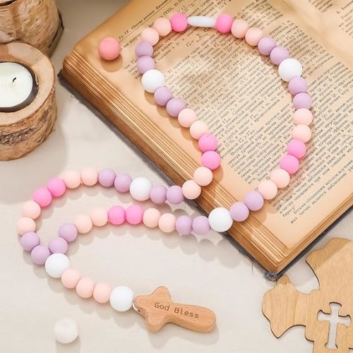 Misdary Baby Rosary Baptism Gift Silicone God Bless Kids First Rosary with Cross 1st Year Baptism Party Supply for Baby Shower Christian Communion Gifts(Pastel Purple,Square)